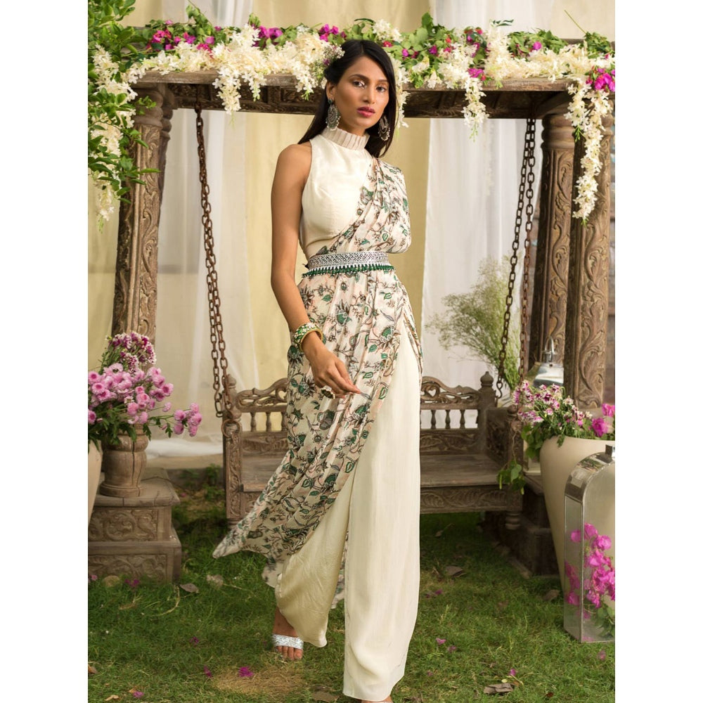 Chhavvi Aggarwal Off White Pant Saree With Stitched Blouse (Set of 3)