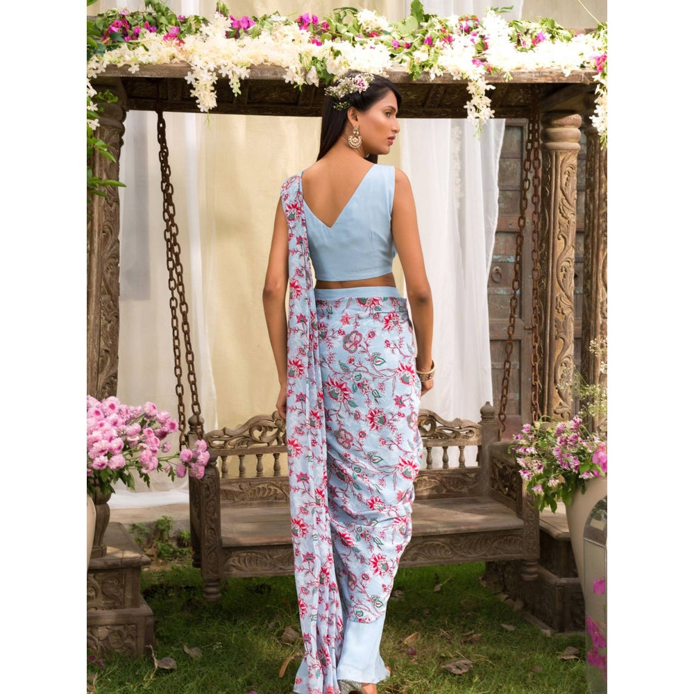 Chhavvi Aggarwal Blue Pant Saree With Stitched Blouse (Set of 2)