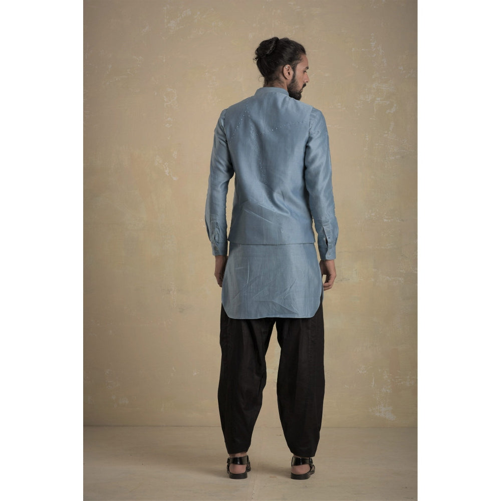 charkhee Men Ice Blue Pathani Kurta with Black Salwar (Set of 2)