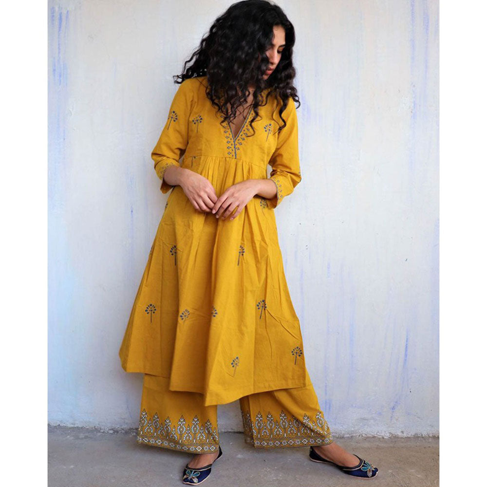 Chidiyaa Mustard Cotton Kurta, Palazzo (Set of 2)