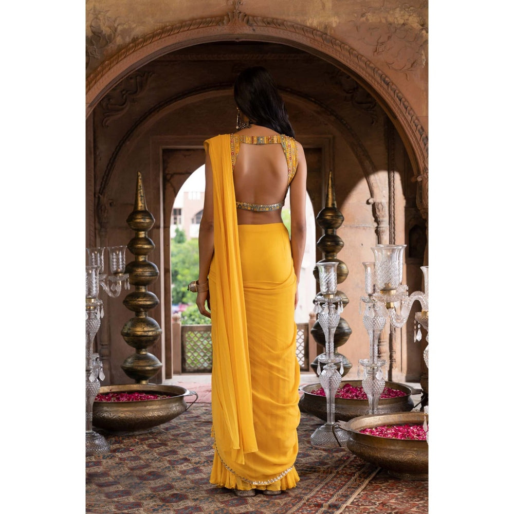Chhavvi Aggarwal Yellow Pre-Draped Saree with Stitched Blouse (Set of 2)