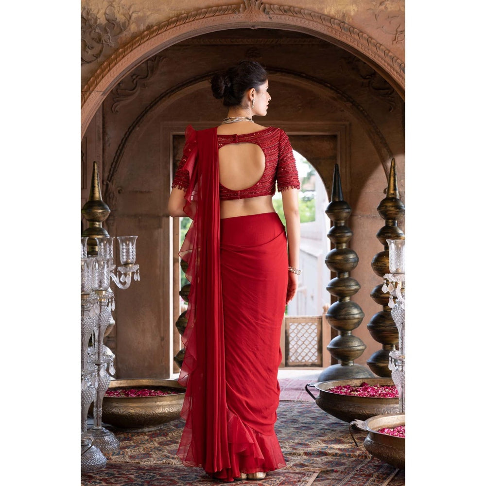 Chhavvi Aggarwal Red Pre- Draped Frill Saree with Stitched Blouse (Set of 2)