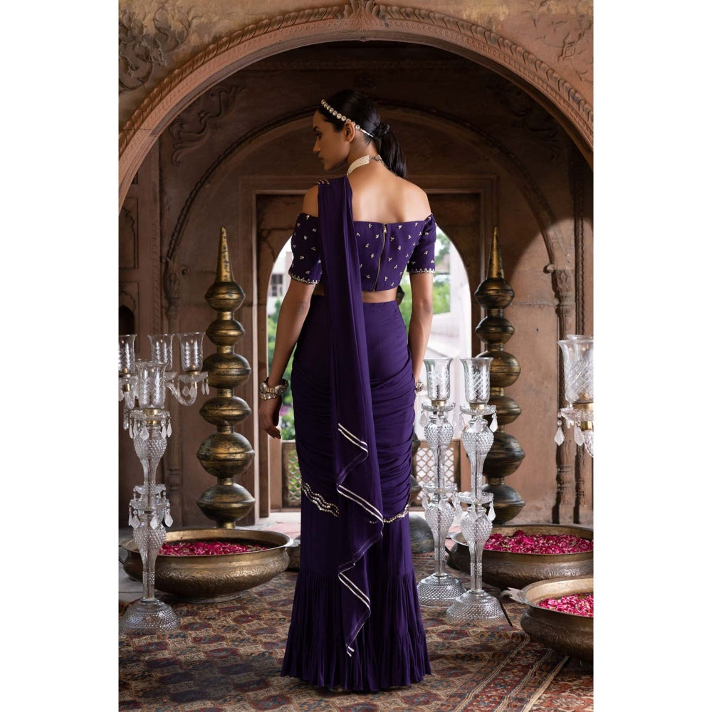 Chhavvi Aggarwal Purple Pre-Draped Saree with Off Shoulder Blouse with Stitched (Set of 2)