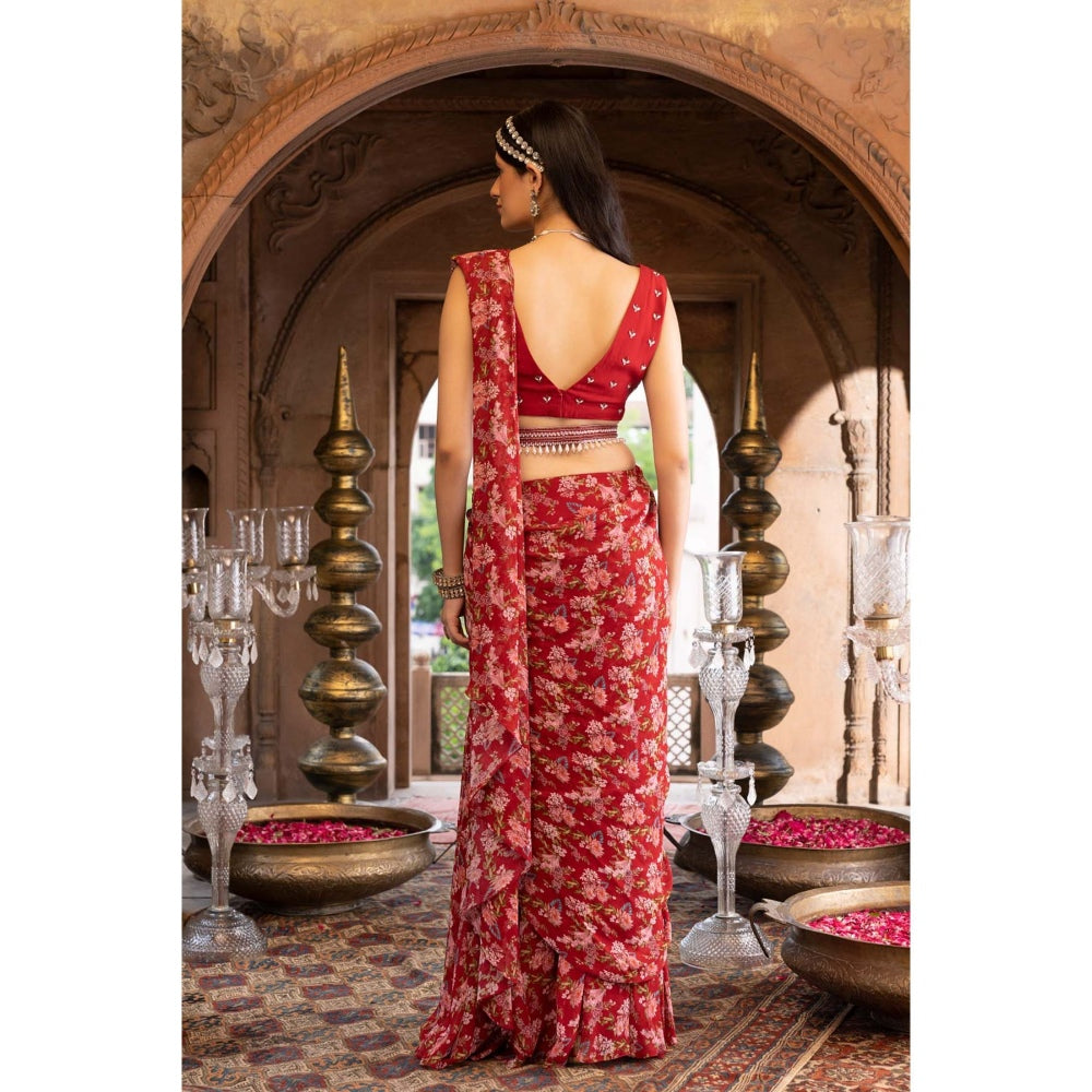 Chhavvi Aggarwal Red Floral Printed Saree with Stitched Blouse and Belt (Set of 3)