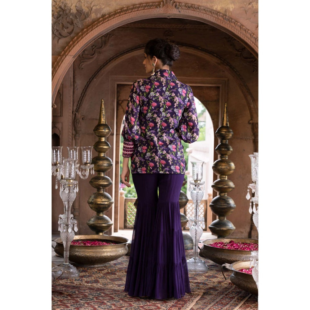 Chhavvi Aggarwal Purple Floral Printed Jacket and Sharara (Set of 2)
