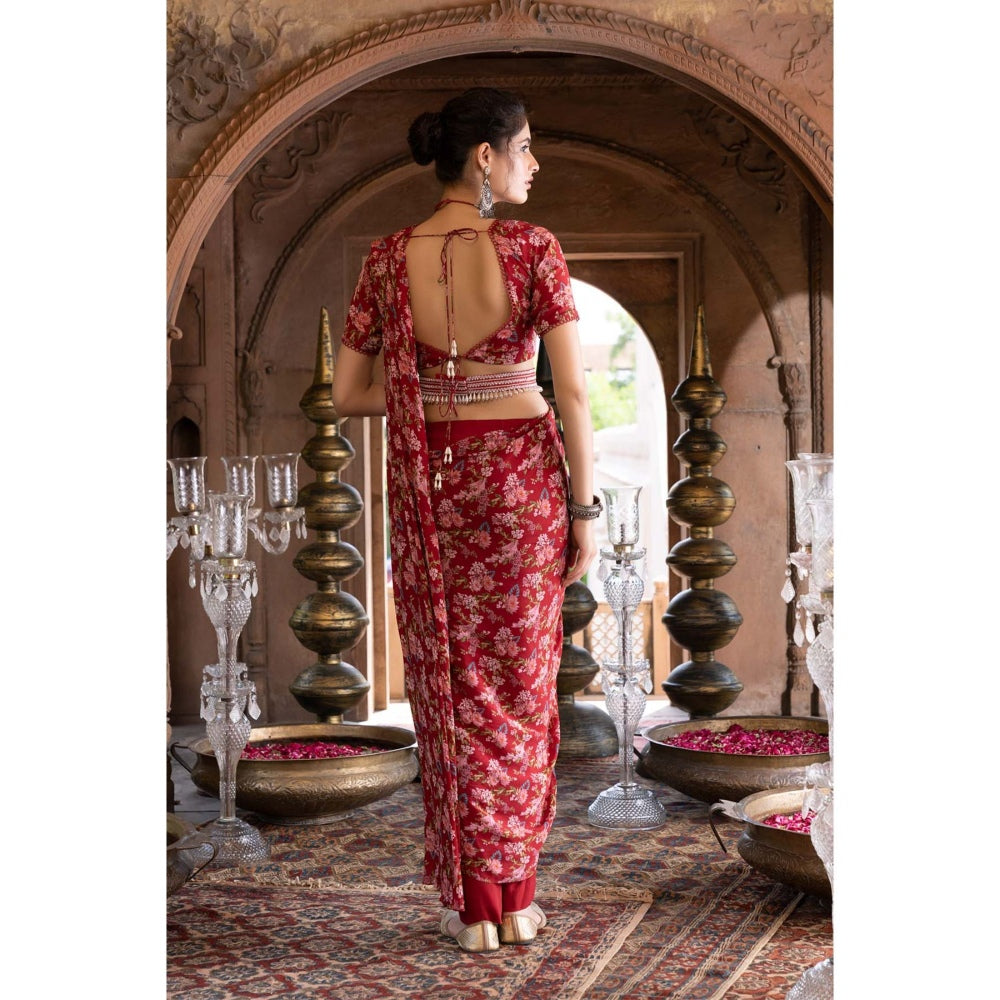 Chhavvi Aggarwal Red Floral Print Pant Saree with Stitched Blouse and Belt (Set of 3)
