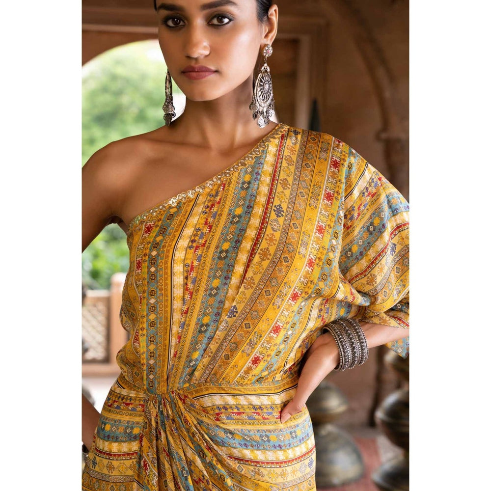 Chhavvi Aggarwal Yellow Printed One Shoulder Draped Dress