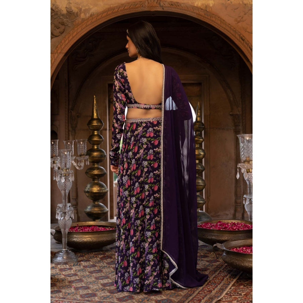 Chhavvi Aggarwal Purple Floral Printed Lehenga Blouse with Dupatta (Set of 3)