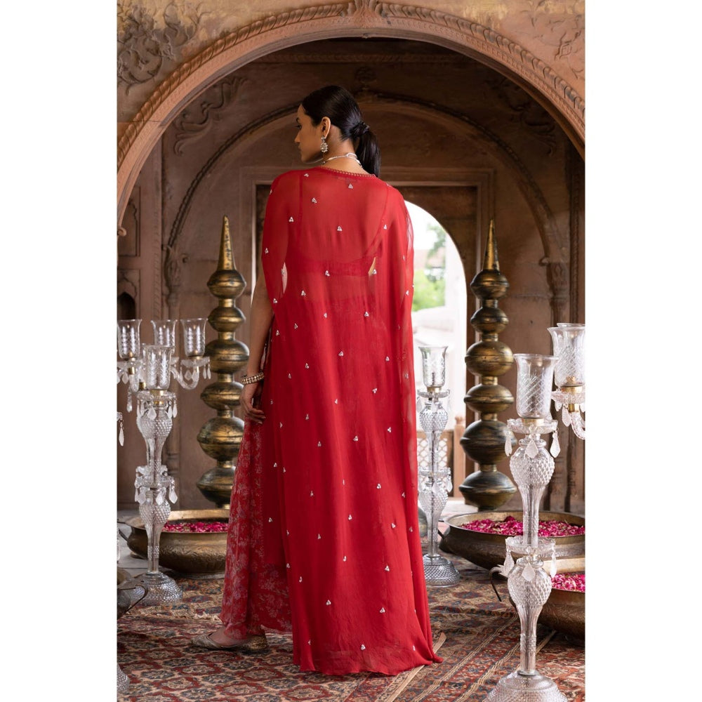 Chhavvi Aggarwal Red Cape with Printed Palazzo and Embroidered Crop Top (Set of 3)