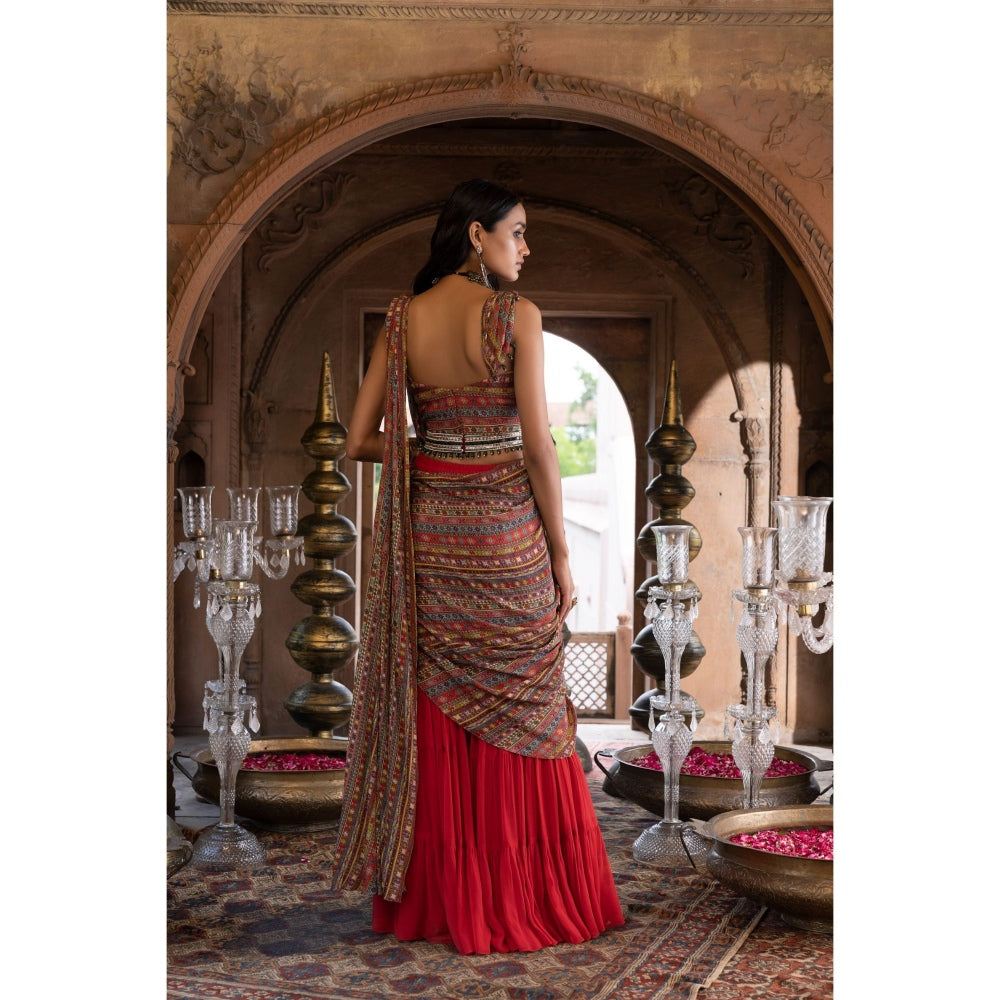 Chhavvi Aggarwal Red Printed Sharara Saree with Stitched Blouse and Belt (Set of 3)