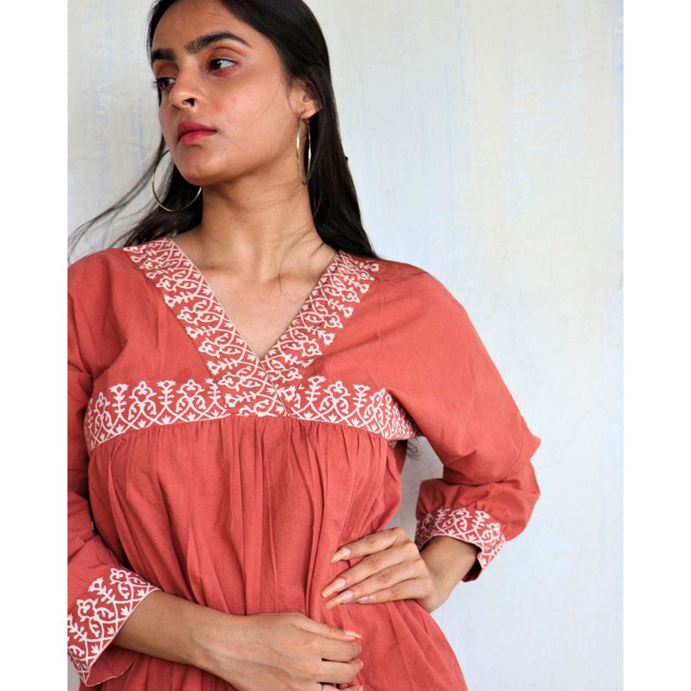 Chidiyaa Rust Printed Cotton Kurta (Set of 2)