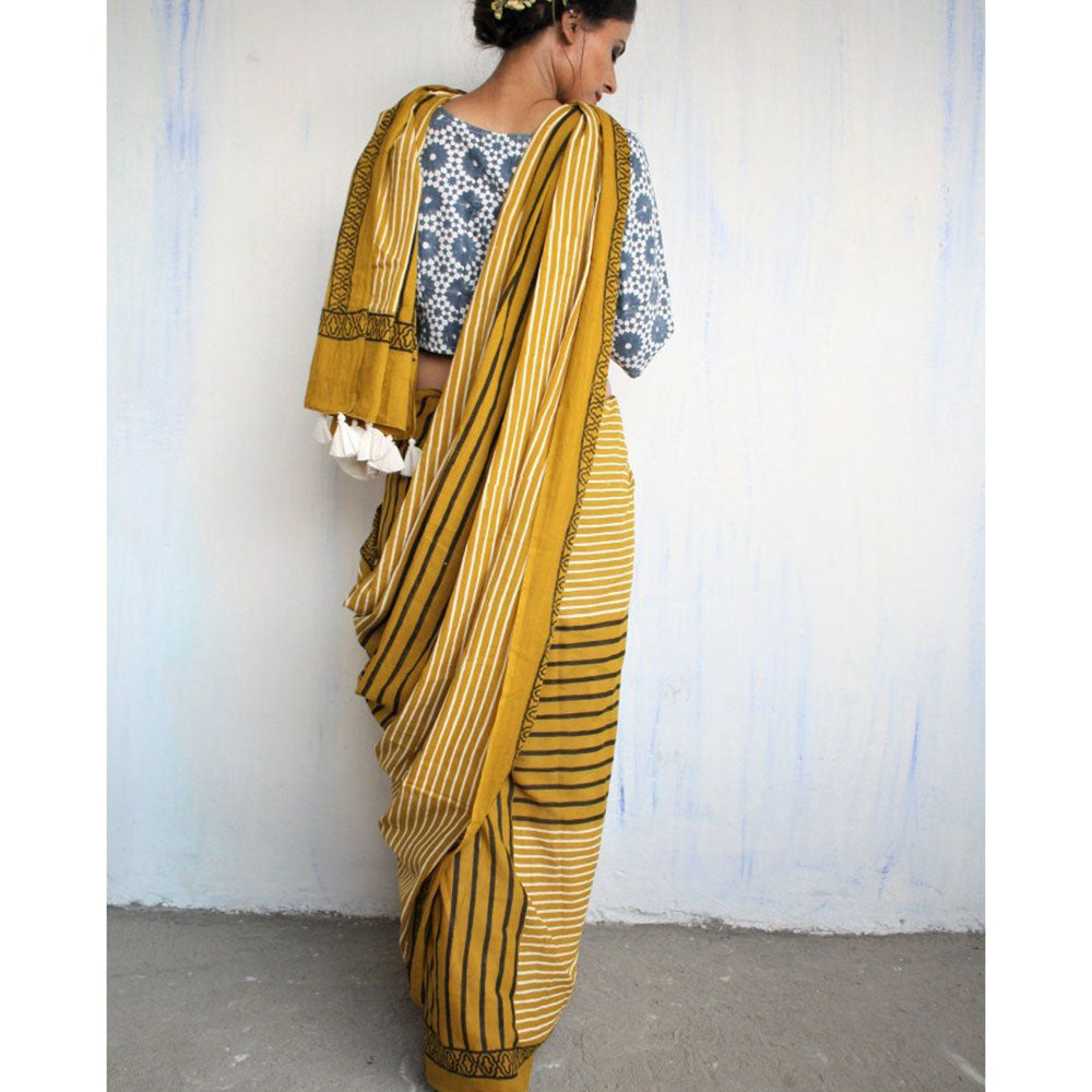 Chidiyaa Mustard Block Printed Pure Cotton Mul Saree without Blouse