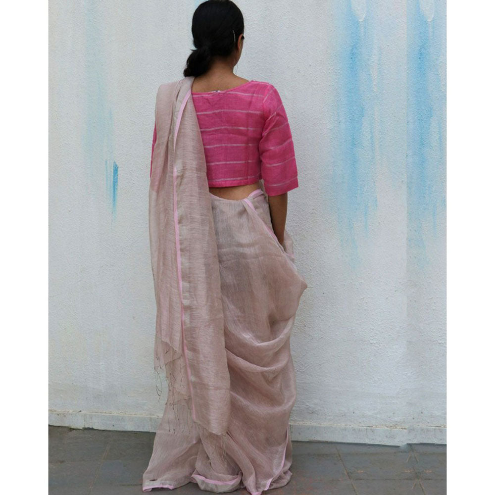 Chidiyaa Powder Pink Handwoven Linen Zari Saree Everyday Beautiful with Unstitched Blouse