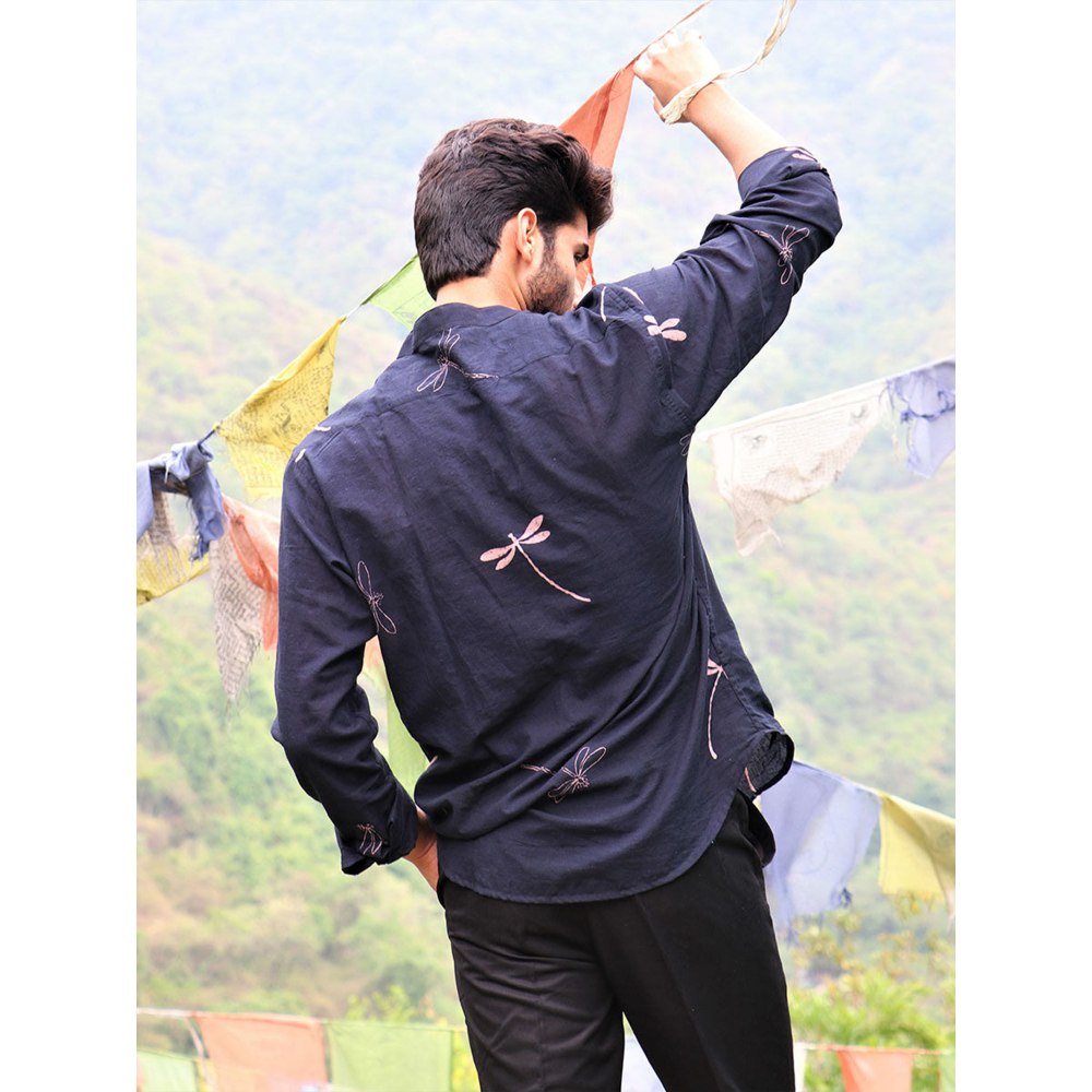 Chidiyaa Black Dragonfly Block Printed Cotton Shirt