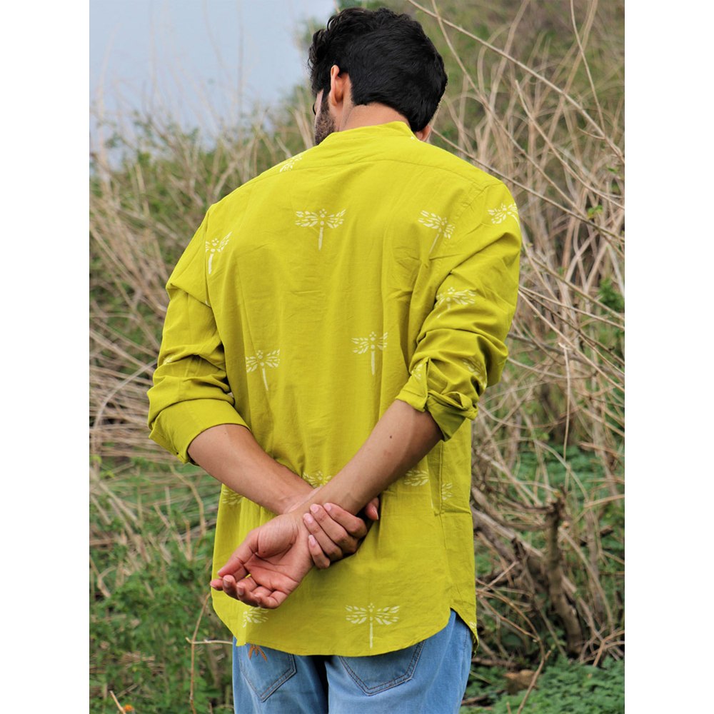 Chidiyaa Parrot Green Dragonfly Block Printed Cotton Shirt