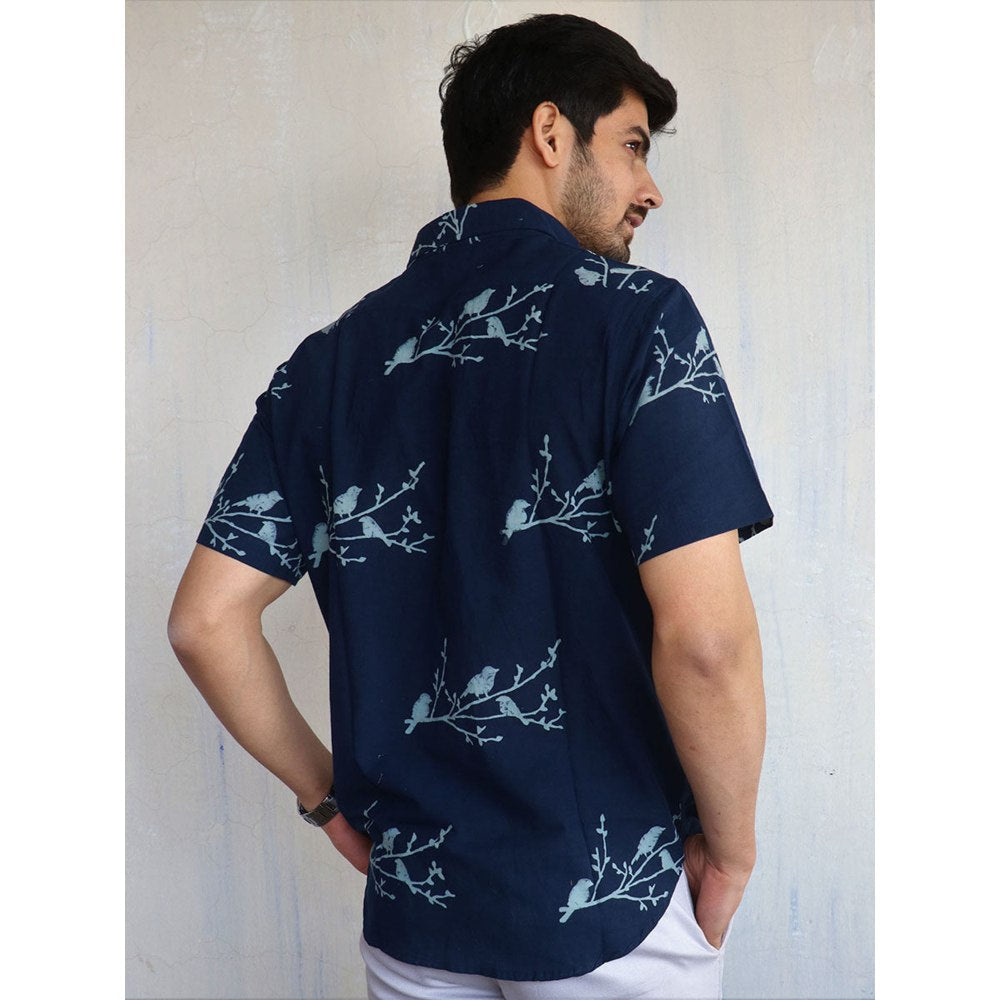 Chidiyaa Blue Bird On Branch Block Printed Mens Shirt