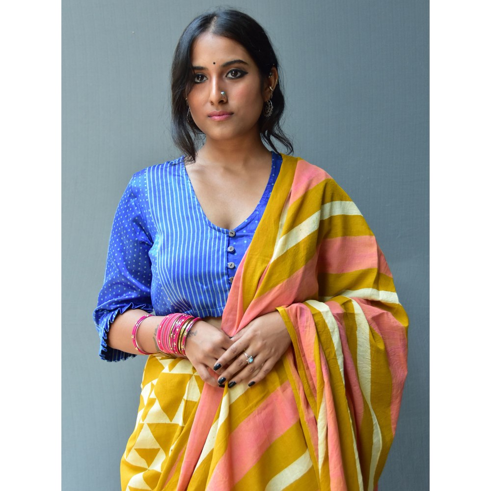 Chidiyaa Rangeen Sunhara Hand Block printed Mulmul Cotton Saree with Unstitched