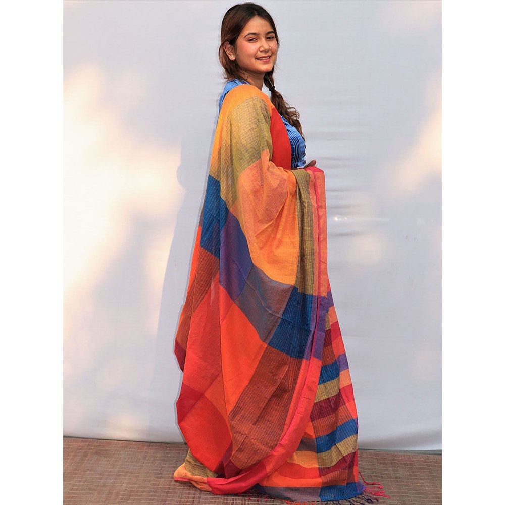 Chidiyaa Satrangi Rainbow Razzle Hand-dyed Handwoven Cotton Saree with Unstitched