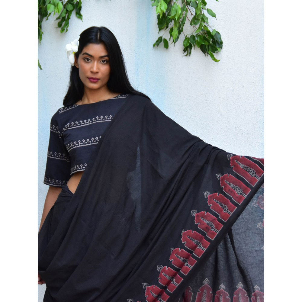 Chidiyaa Vanilla Moon Moonlit Serenade Handblock Printed Mulmul Cotton Saree with Unstitched Blouse