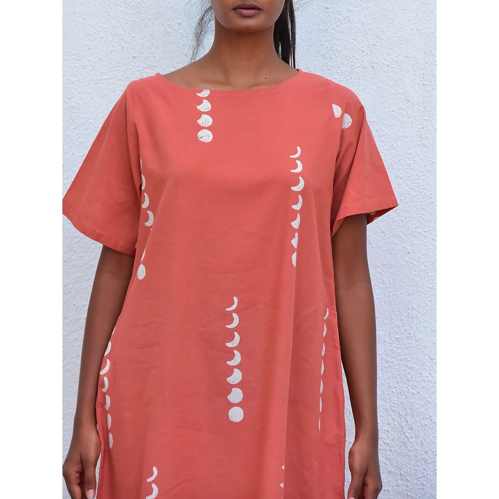 Chidiyaa Humming Bird Mystic Moonlight Rust Handblock Printed Cotton Dress