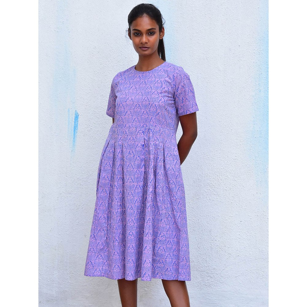 Chidiyaa Humming Bird Mouve Butterfly Handblock Printed Cotton Dress