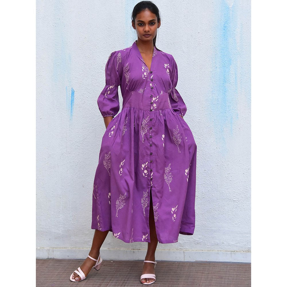 Chidiyaa Humming Bird Melody Purple Handblock Printed Cotton Dress
