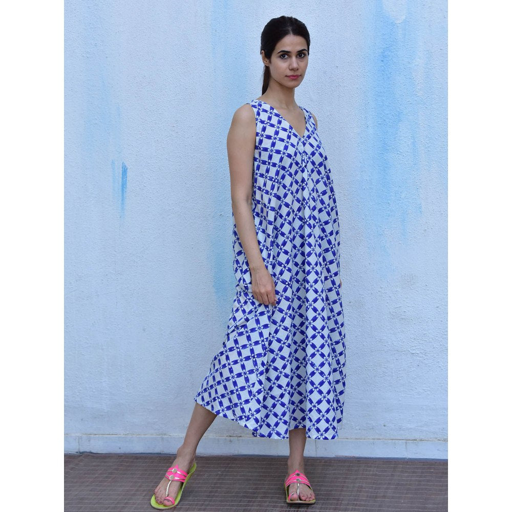 Chidiyaa Rain Dancing Whispering Breezes Hand Block Printed Cotton Blue Maxi Dress