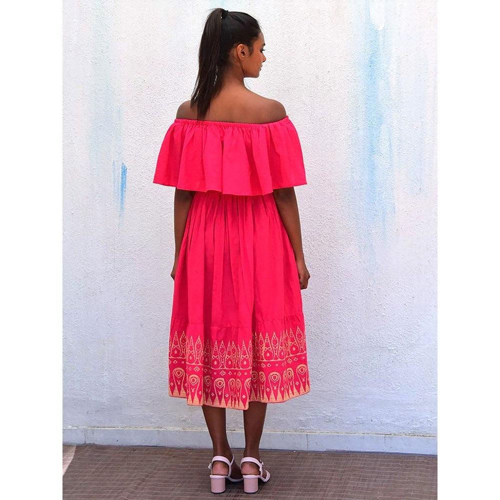 Chidiyaa Smell of Rain Rani Off Shoulder Hand Block Printed Cotton Dress