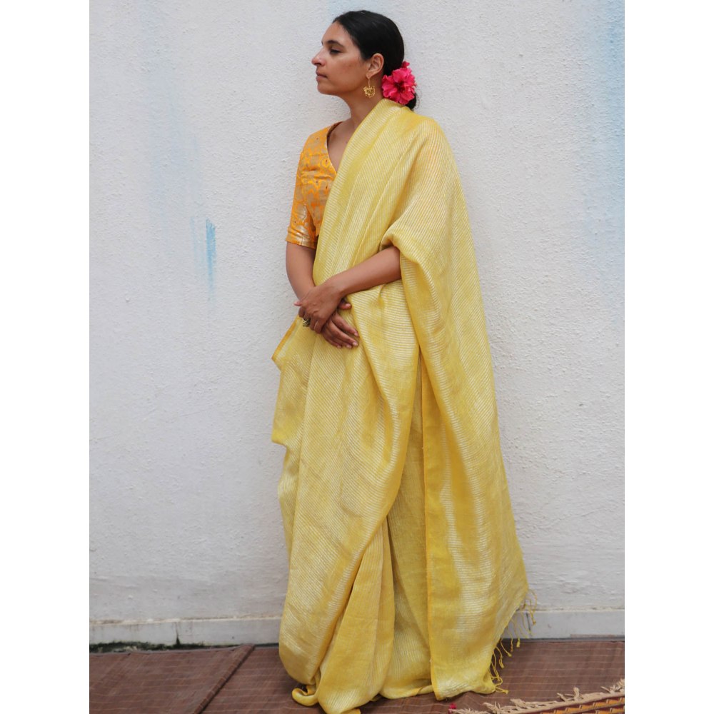 Chidiyaa Thread of Gold Amber Handwoven Linen Zari Saree with Unstitched Blouse
