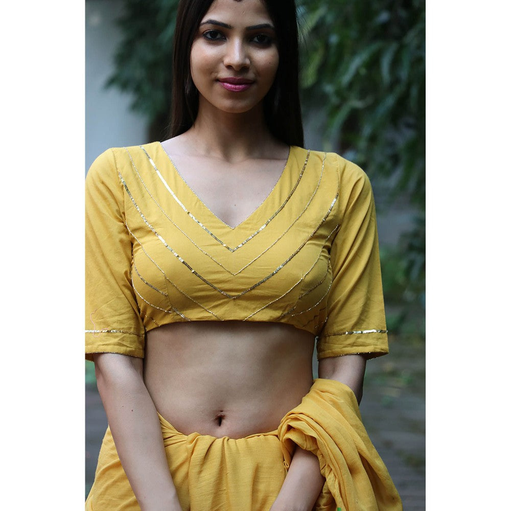 Chidiyaa Jugnu Ember Mustard Mulmul Cotton Saree with Stitched Blouse
