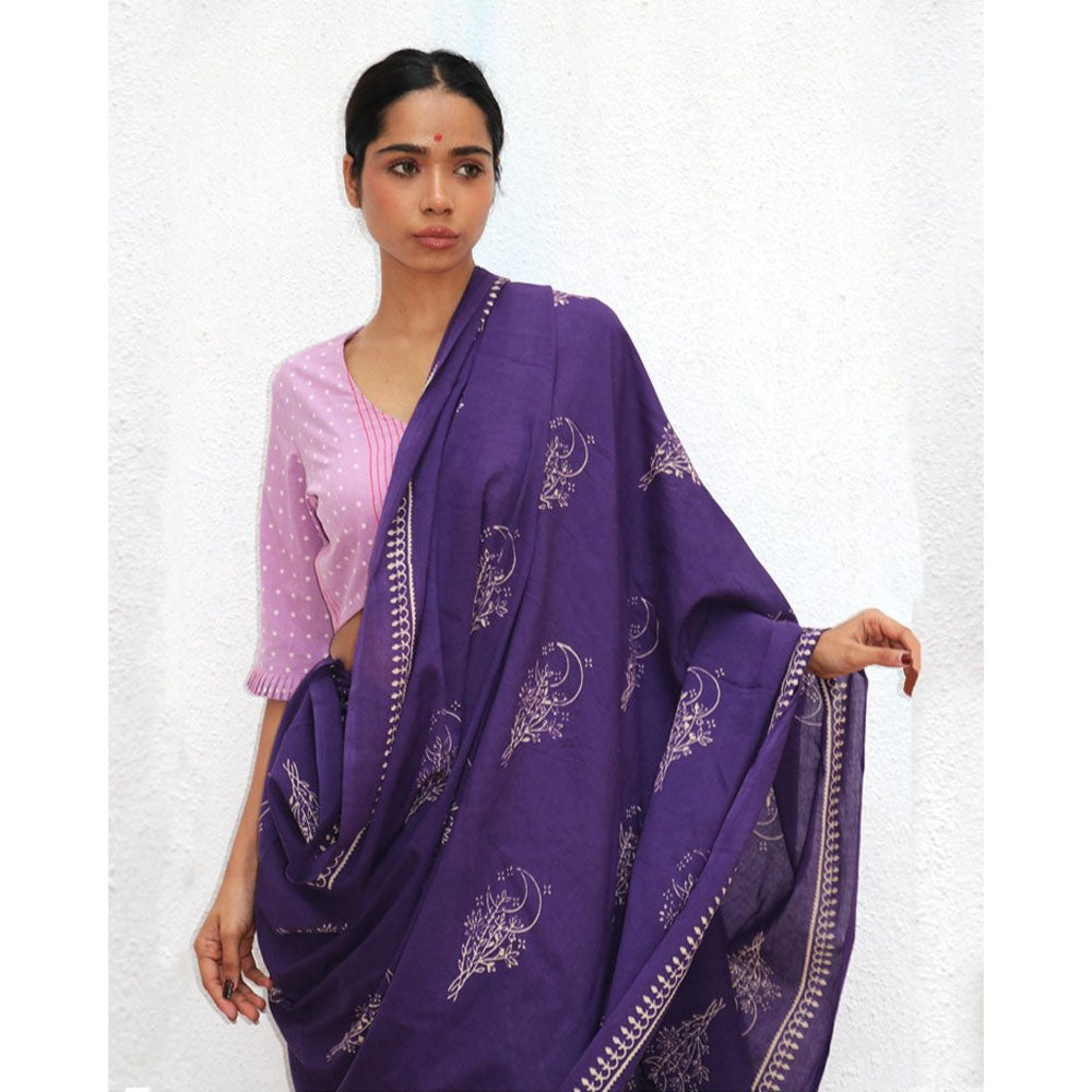 Chidiyaa Paakhi Lovers Moon Purple Hand Block Printed Cotton Saree with Unstitched Blouse