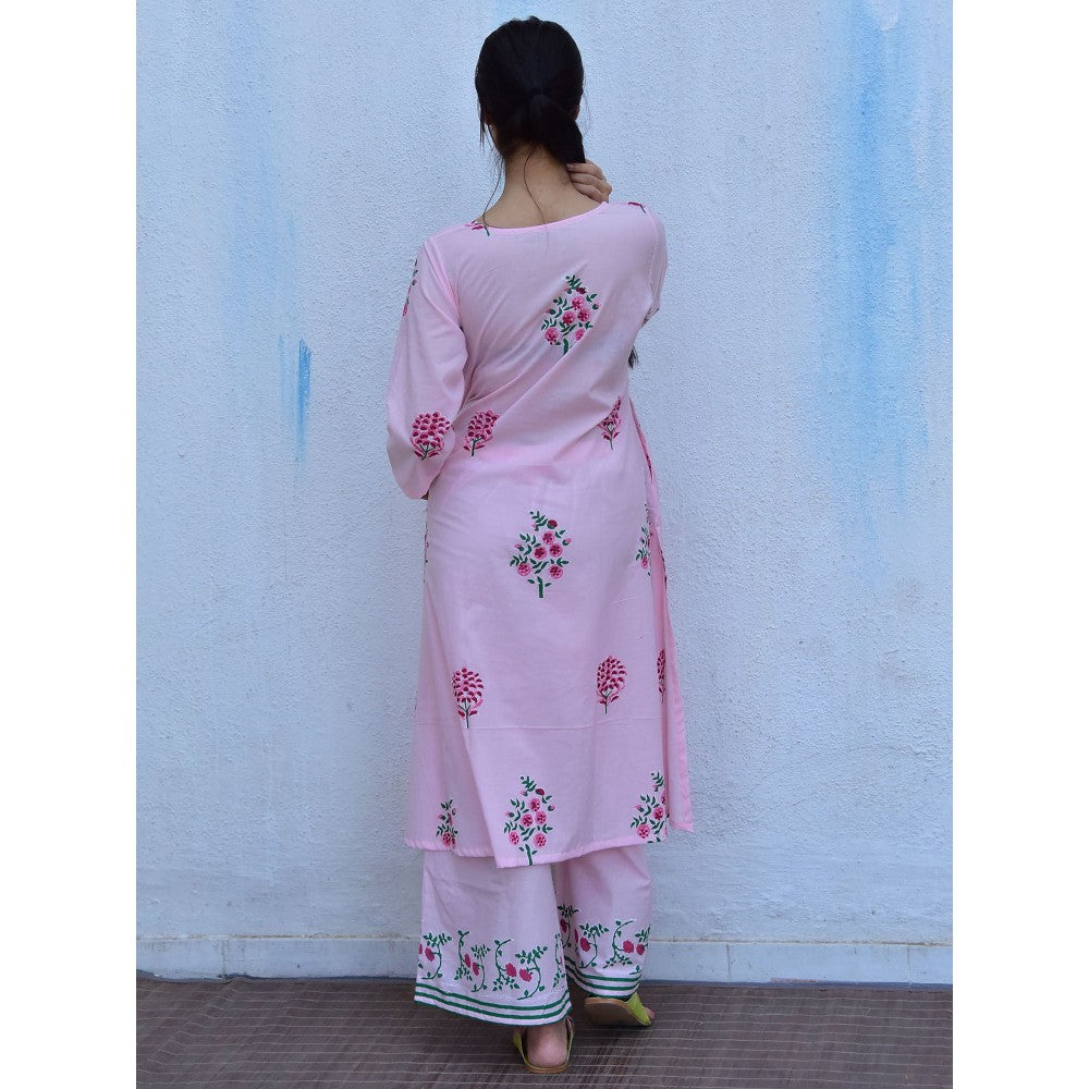 Chidiyaa Flower of Summer Pink Flowers Printed Cotton Kurta with Palazzo (Set of 2)