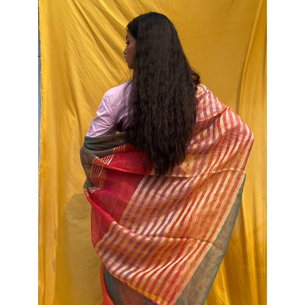 Chidiyaa Multitone Emerald Handwoven Pure Linen Zari Saree with Unstitched Blouse