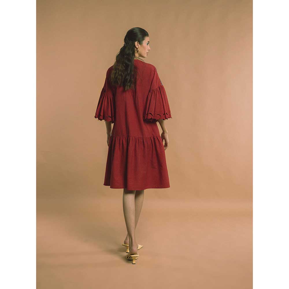 CHANDRIMA Red Kala Cotton Embroidered Dress