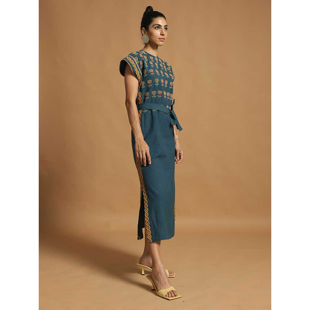 CHANDRIMA Blue Kala Cotton Slit Dress With Belt