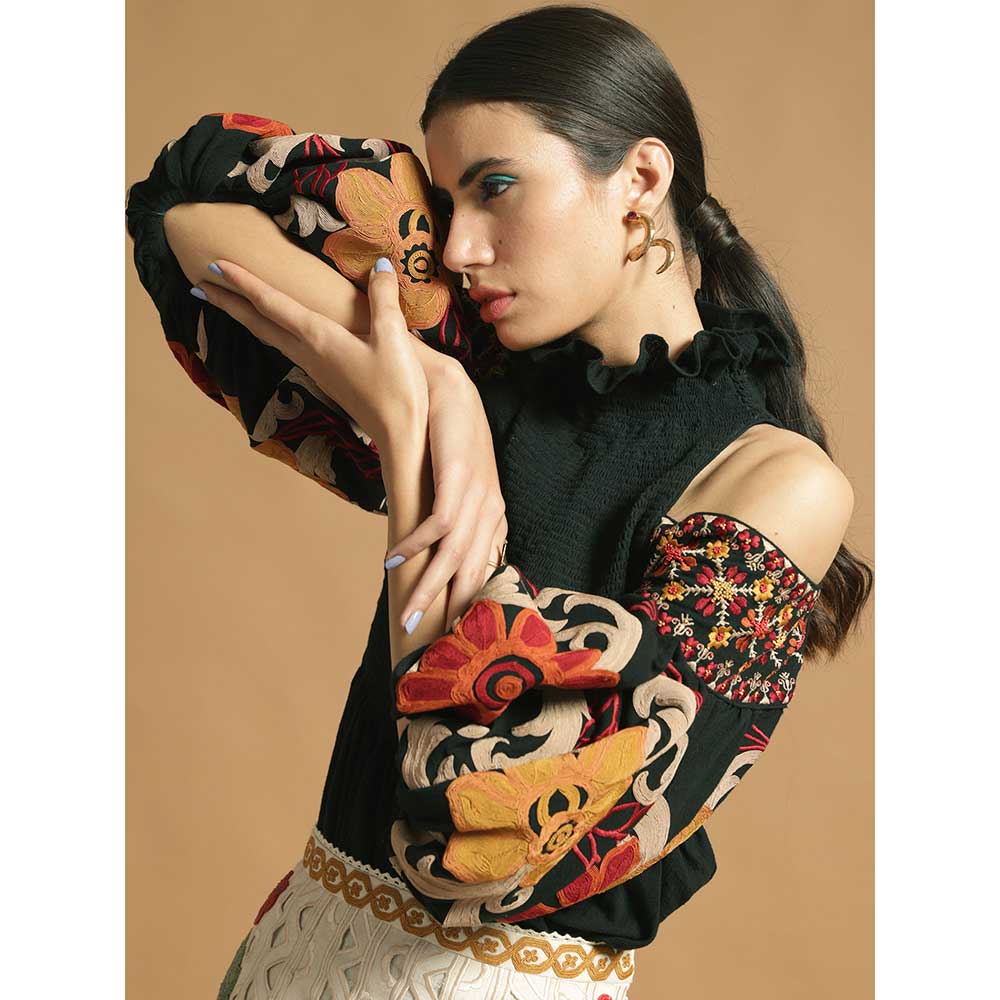 CHANDRIMA Black Kala Cotton Embroidered Smocked Top