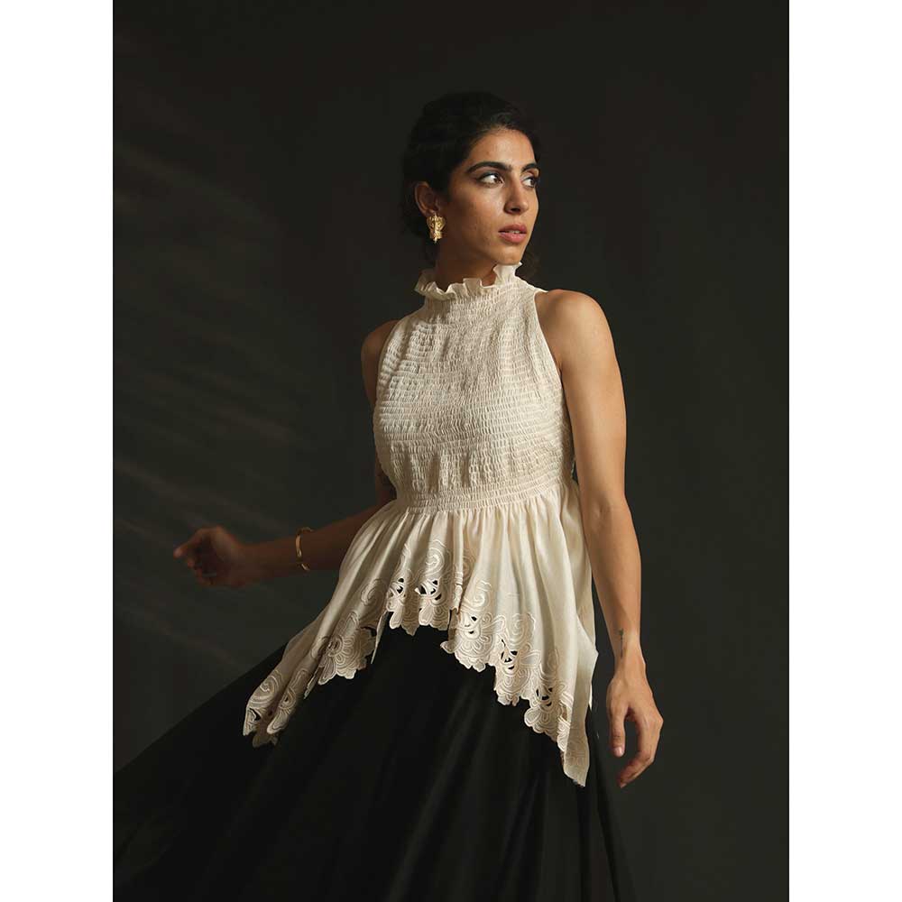 CHANDRIMA Ivory Smocked Cutwork Top