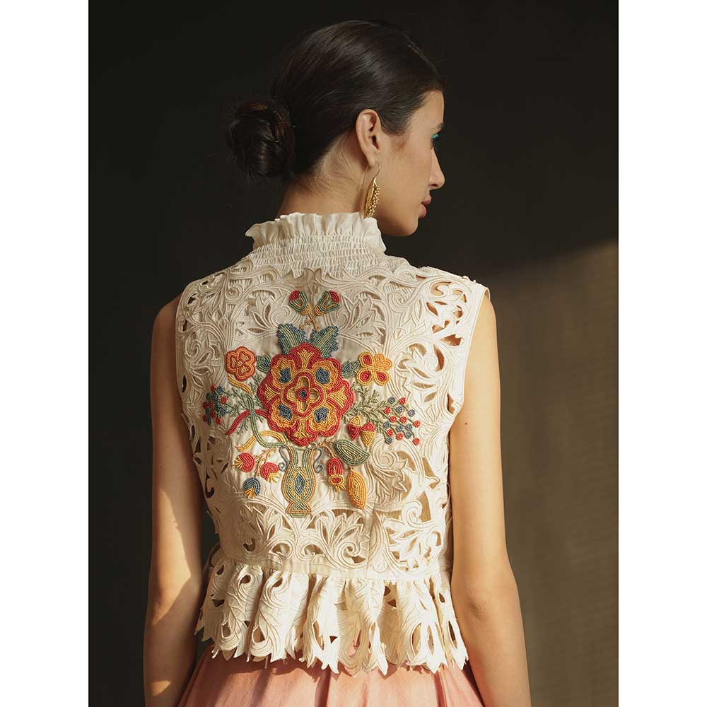 CHANDRIMA Ivory Cutwork Ruffled Waistcoat