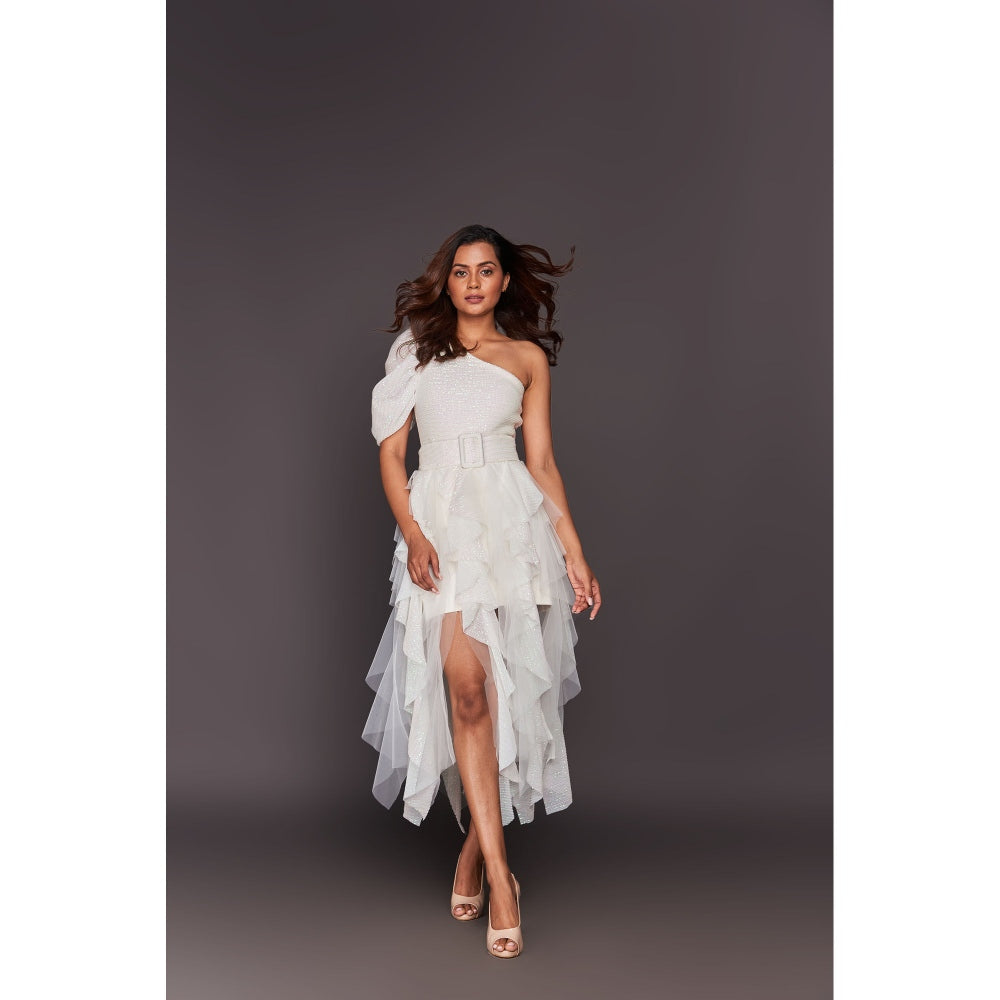 Deepika Arora White One Shoulder Bodysuit with Sequin Ruffled Skirt (Set of 2)