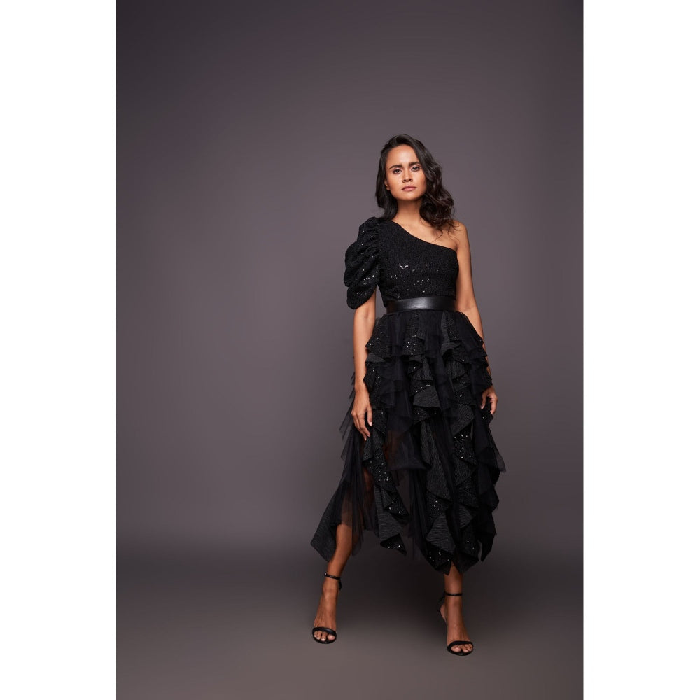 Deepika Arora Black One Shoulder Bodysuit with Sequin Ruffled Skirt and Belt (Set of 3)