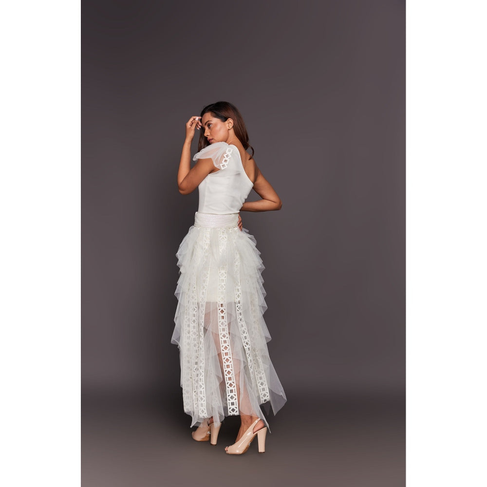 Deepika Arora White One Shoulder Ruffled Maxi Dress with belt (Set of 3)