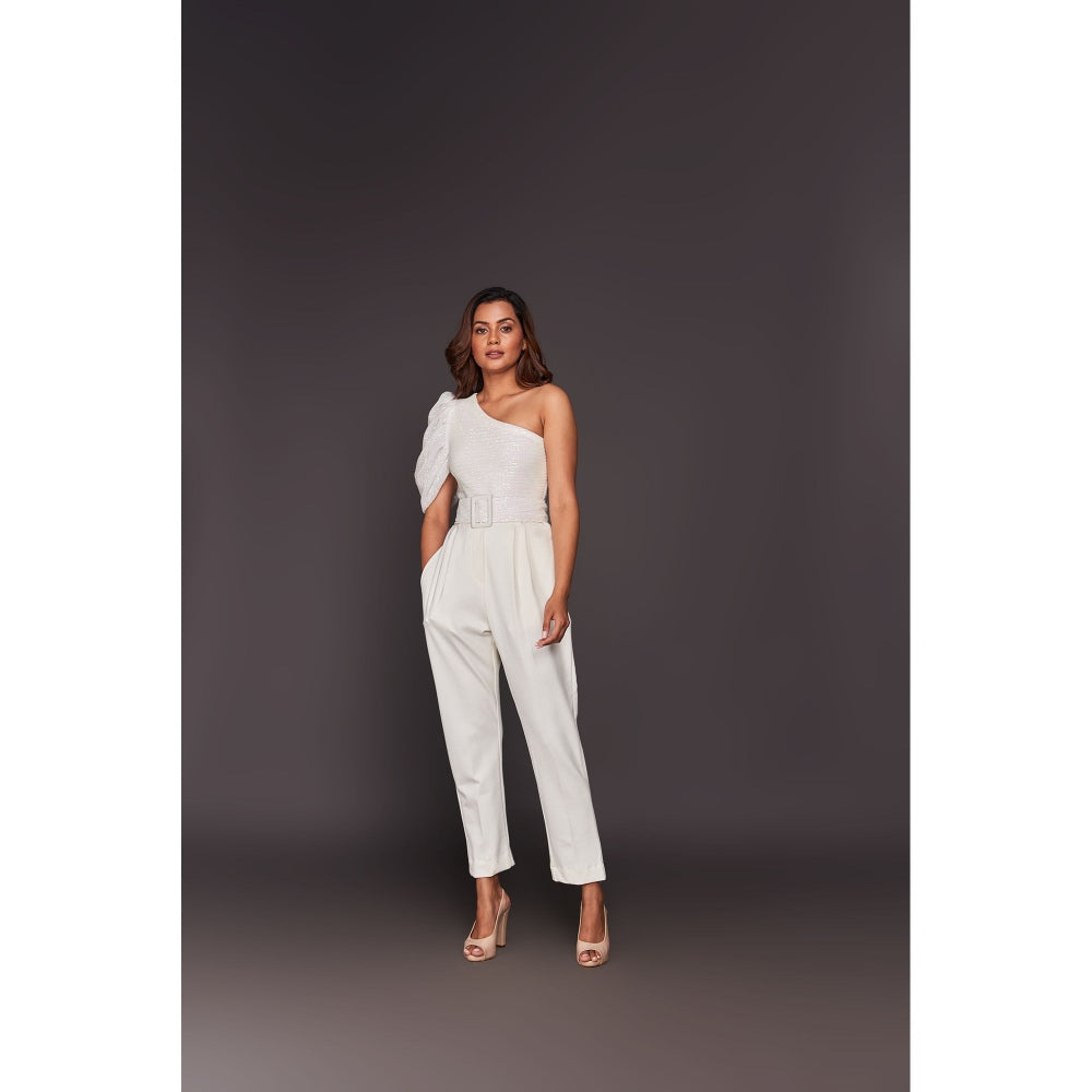 Deepika Arora White One Shoulder Bodysuit with Straight Panta and Belt (Set of 3)
