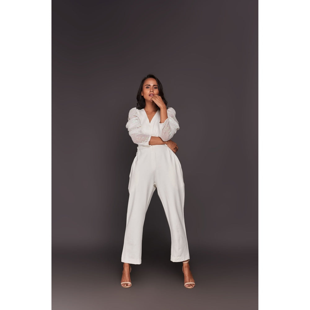 Deepika Arora White Sequin Sleeves Jumpsuit with Belt (Set of 2)