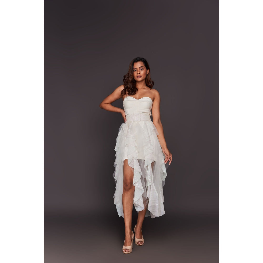 Deepika Arora White Corset Top with Sequin Ruffled Skirt, Belt and Inner Skirt (Set of 4)