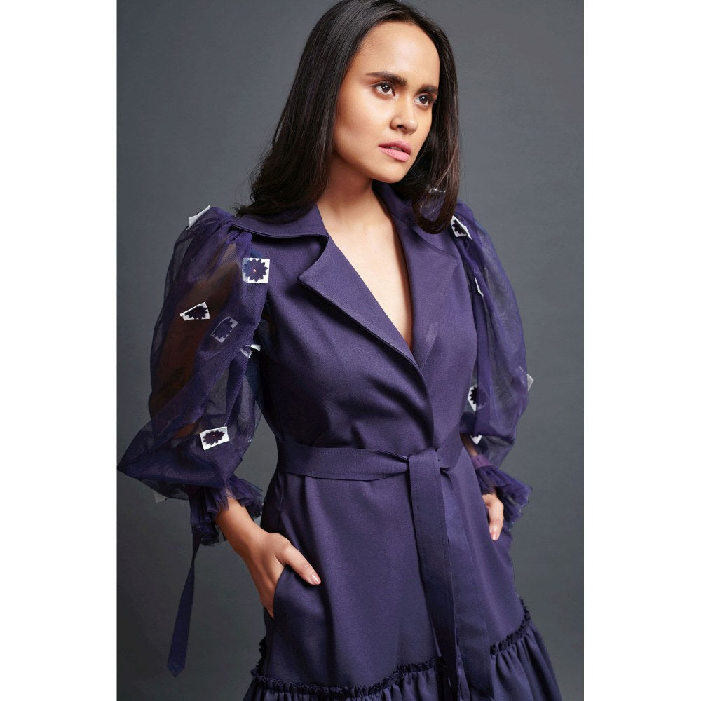 Deepika Arora Navy Blue Jacket Dress with Cutwork Sleeves (Set of 2)