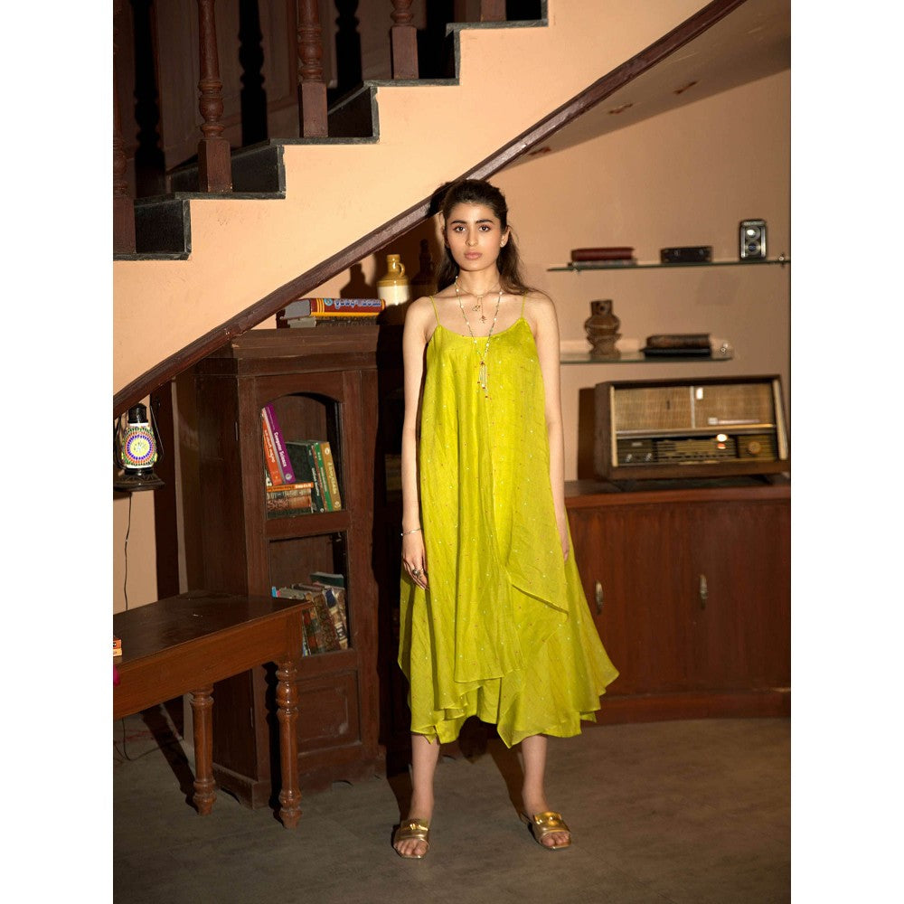 DEEPTHEE Neon Green Embroidered Slip Midi Dress