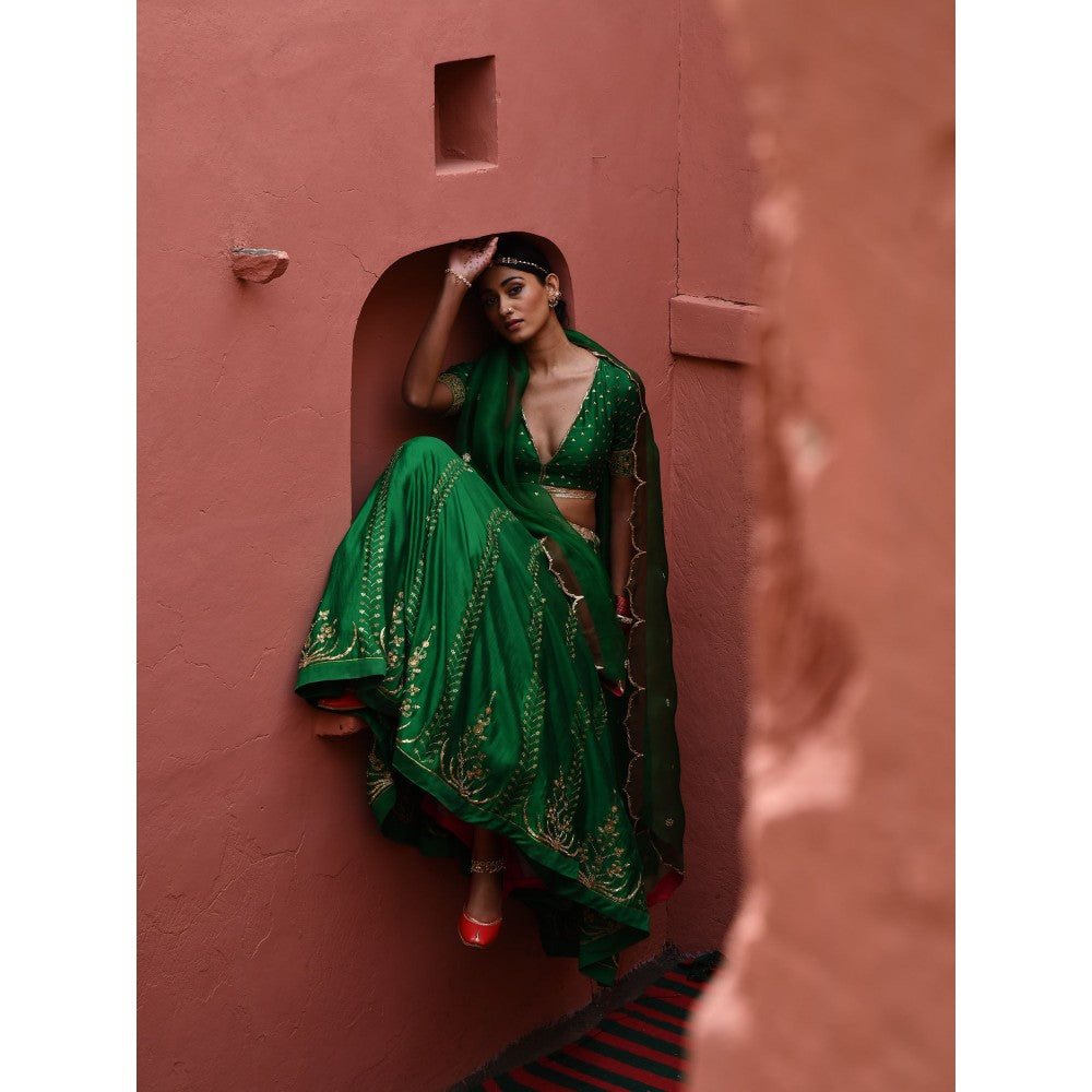 DEEPTHEE Green Hand Embroidered Lehenga (Set of 3)