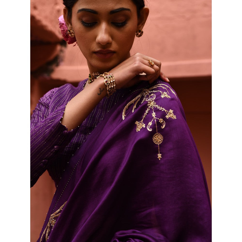 DEEPTHEE Aubergine Saree with Stitched Blouse