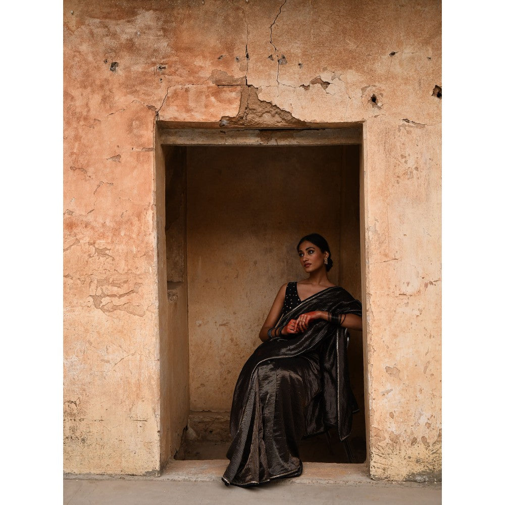 DEEPTHEE Black Tissue Striped Blouse with Stitched