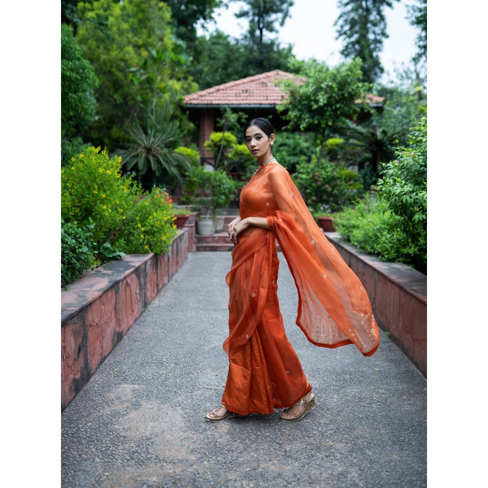 DEEPTHEE Rust Orange Half and Half Embroidered Saree Wih Stitched Blouse